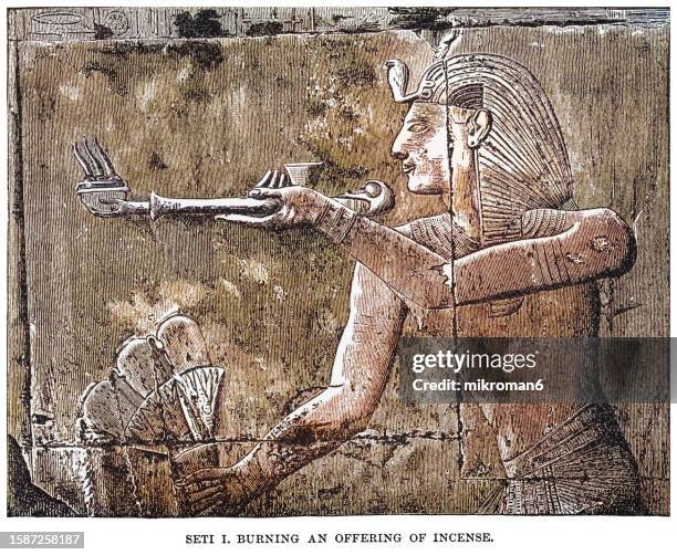 old engraved illustration of seti i (second pharaoh of the nineteenth dynasty of egypt during the new kingdom) burning an offering of incense - seti i stock pictures, royalty-free photos & images