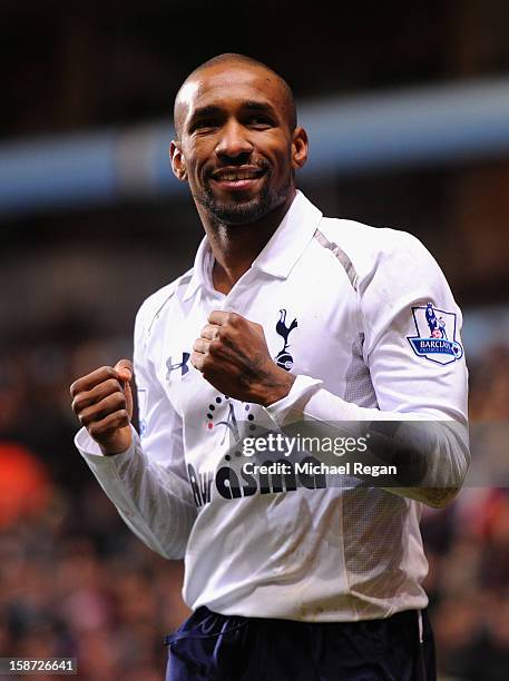 Jermain Defoe of Tottenham Hotspur celebrates the opening goal during the Barclays Premier League match between Aston Villa and Tottenham Hotspur at...