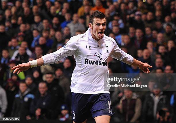 Gareth Bale of Tottenham Hotspur celebrates his goal during the Barclays Premier League match between Aston Villa and Tottenham Hotspur at Villa Park...