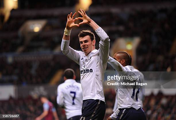 Gareth Bale of Tottenham Hotspur celebrates his goal during the Barclays Premier League match between Aston Villa and Tottenham Hotspur at Villa Park...