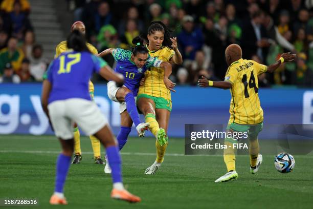 Marta of Brazil shoots whilst under pressure from Chantelle Swaby of Jamaica during the FIFA Women's World Cup Australia & New Zealand 2023 Group F...