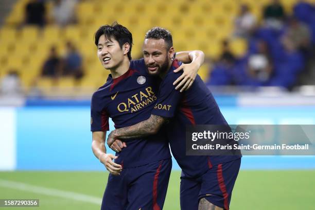 Neymar Jr and Kang-in Lee during the training session ahead of the preseason friendly between Jeonbuk Hyundai Motors and Paris Saint-Germain at Busan...