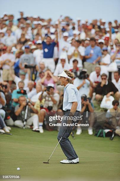 Bernhard Langer of Germany and the European team misses a crucial putt on the 18th hole in the final singles match of the 29th Ryder Cup Matches on...