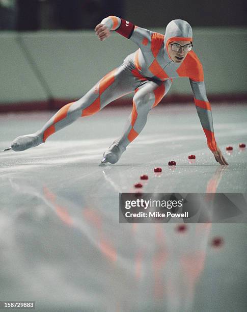 Mark Greenwald of the United States during the Men's 1,500 metres Speed Skating event on 20th February 1988 during the XV Olympic Winter Games in...
