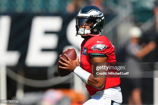 Jalen Hurts of the Philadelphia Eagles looks to pass the ball during Training Camp at Lincoln Financial Field on August 9, 2023 in Philadelphia,...