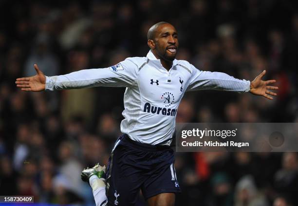 Jermain Defoe of Tottenham Hotspur celebrates the opening goal during the Barclays Premier League match between Aston Villa and Tottenham Hotspur at...