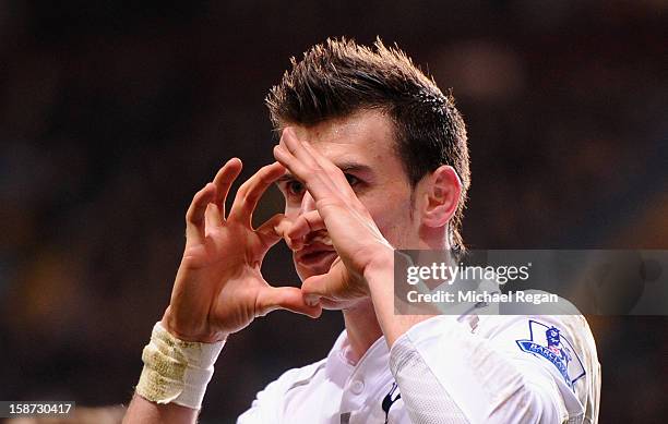 Gareth Bale of Tottenham Hotspur celebrates his second goal during the Barclays Premier League match between Aston Villa and Tottenham Hotspur at...