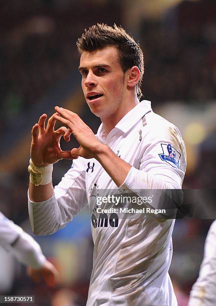 Gareth Bale of Tottenham Hotspur celebrates his second goal during the Barclays Premier League match between Aston Villa and Tottenham Hotspur at...