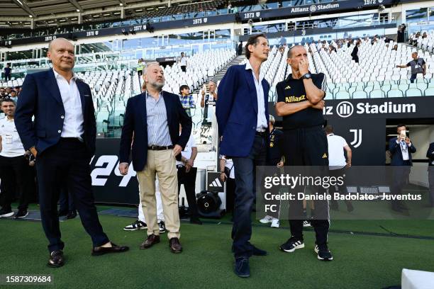 Maurizio Scanavino, Gianluca Ferrero, John Elkann, Massimiliano Allegri of Juventus during the friendly match between Juventus A and Juventus B at...