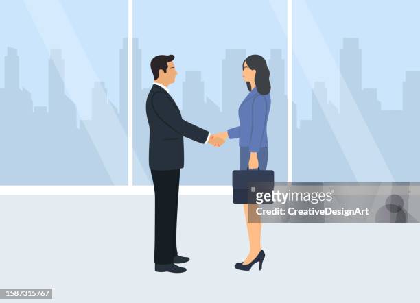 ilustrações de stock, clip art, desenhos animados e ícones de business people shaking hands in office - diretor geral