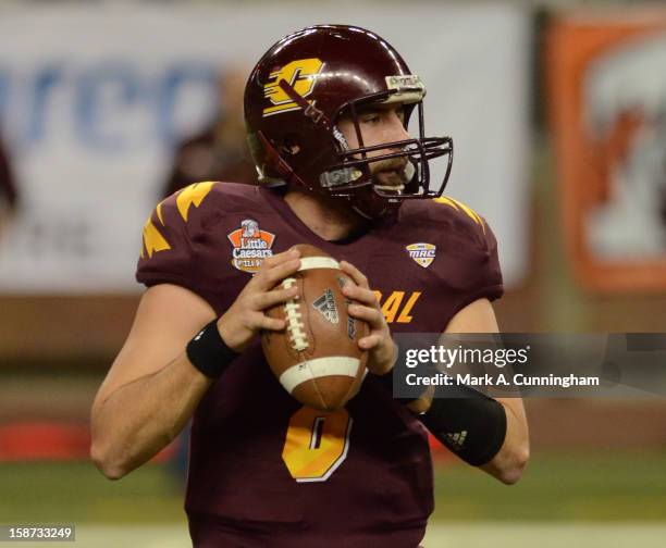 Ryan Radcliff of the Central Michigan University Chippewas looks to throw a pass in the first quarter of the Little Caesars Pizza Bowl against the...