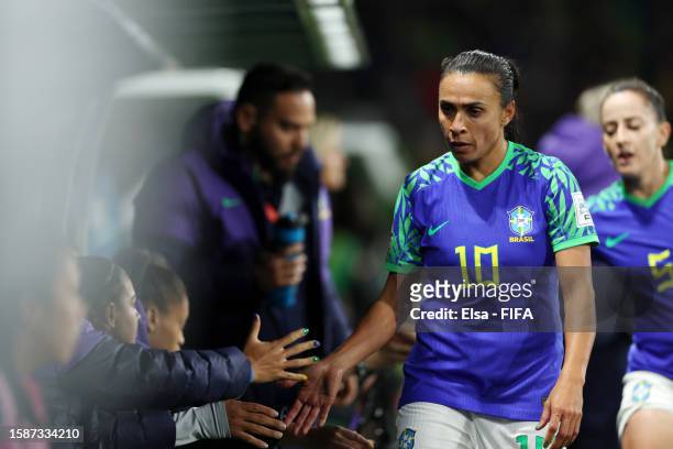 Marta of Brazil interacts with teammates after being substituted off during the FIFA Women's World Cup Australia & New Zealand 2023 Group F match...