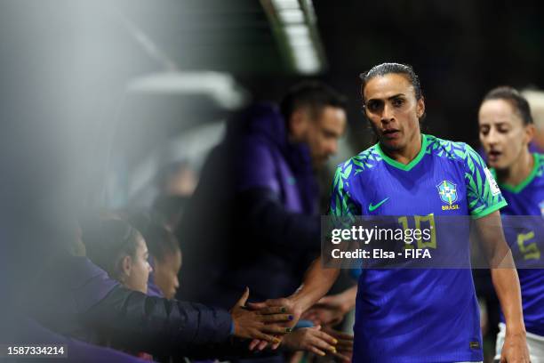 Marta of Brazil interacts with teammates after being substituted off during the FIFA Women's World Cup Australia & New Zealand 2023 Group F match...