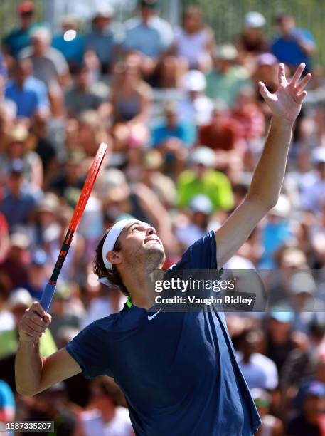 Taylor Fritz of the United States serves against Ugo Humbert of France during Day Three of the National Bank Open, part of the Hologic ATP Tour, at...