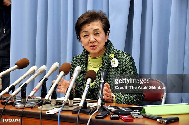 Tomorrow Party of Japan president Yukiko Kada speaks during a press conference at Shiga Prefecture headquarters on December 26, 2012 in Otsu, Shiga,...