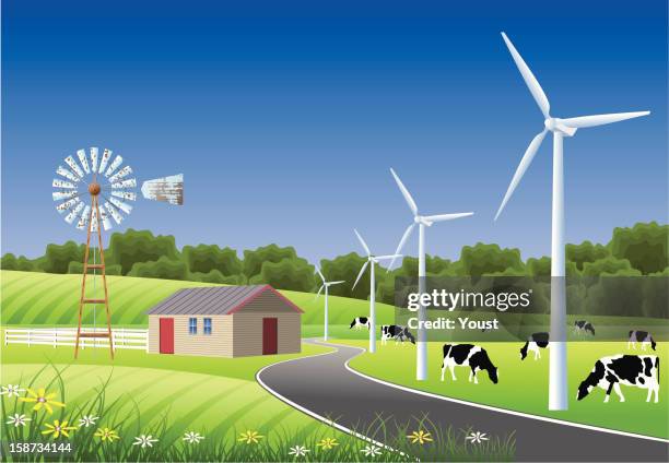 idyllic farm scene with windmills - shed stock illustrations