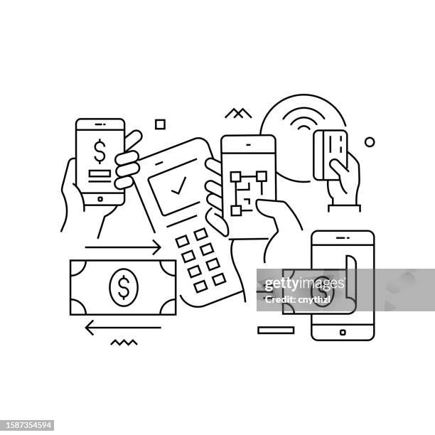 vector set of illustration easy payment concept. line art style background design for web page, banner, poster, print etc. vector illustration. - online banking stock illustrations