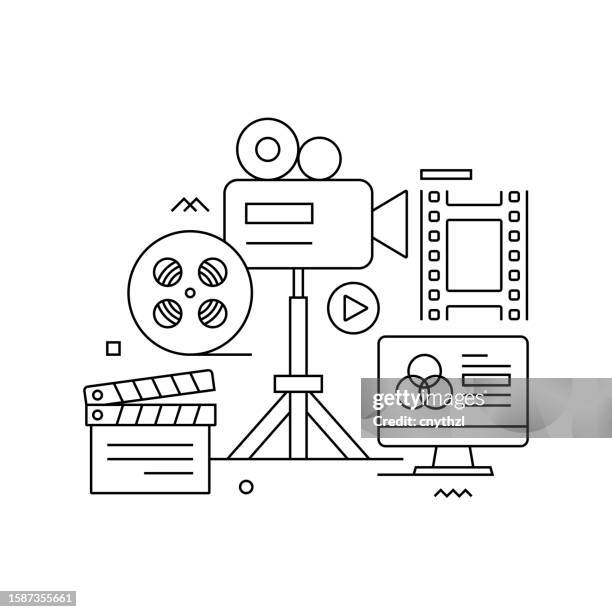 vector set of illustration film production concept. line art style background design for web page, banner, poster, print etc. vector illustration. - film director illustration stock illustrations