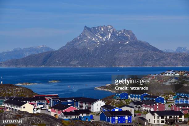 nuuk and its symbol, the sermitsiaq peak with the fjord in between, nuuk, greenland - nuuk greenland stock pictures, royalty-free photos & images