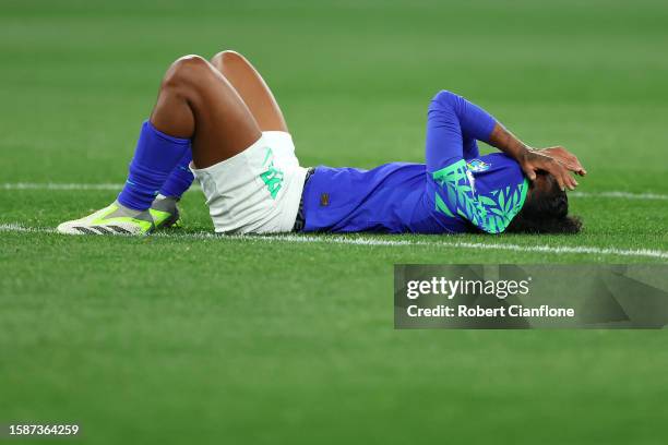 Geyse of Brazil shows dejection after the scoreless draw and elimination from the tournament following the FIFA Women's World Cup Australia & New...