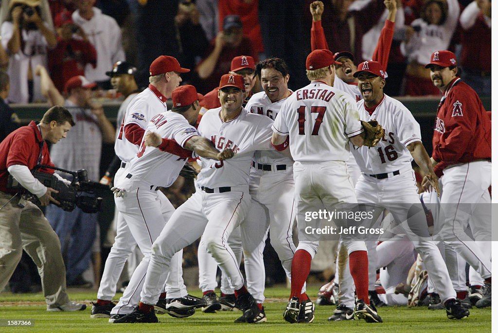 Francisco Rodriguez celebrates after the third out in the eighth