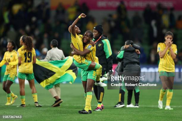 Jamaica players celebrate advancing to the knockout stage after the scoreless draw in the FIFA Women's World Cup Australia & New Zealand 2023 Group F...