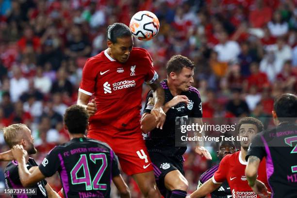 Virgil van Dijk of Liverpool scores his team's second goal off a header against Bayern Munich during the first half of the pre-season friendly at the...