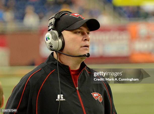 Western Kentucky University Hilltoppers interim head coach Lance Guidry looks on in the third quarter of the Little Caesars Pizza Bowl against the...