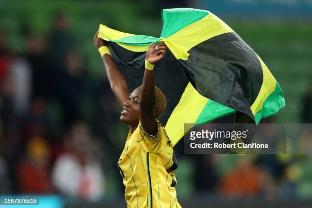 Deneisha Blackwood of Jamaica celebrates advancing to the knockout stage after the scoreless draw in the FIFA Women's World Cup Australia & New...