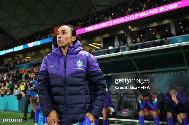 Marta of Brazil reacts after the scoreless draw and elimination from the tournament following the FIFA Women's World Cup Australia & New Zealand 2023...