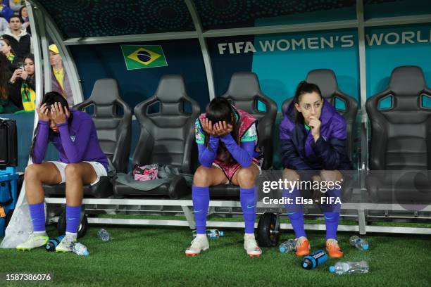 Brazil players show dejection after the scoreless draw and elimination from the tournament following the FIFA Women's World Cup Australia & New...