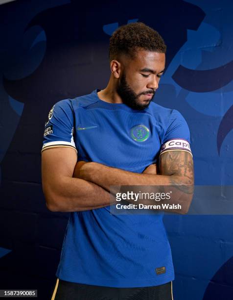 New Club Captain Reece James of Chelsea FC poses as he is unveiled at Chelsea Training Ground on August 9, 2023 in Cobham, England.