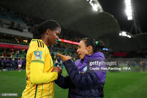 Marta of Brazil congratulates Khadija Shaw of Jamaica after the FIFA Women's World Cup Australia & New Zealand 2023 Group F match between Jamaica and...