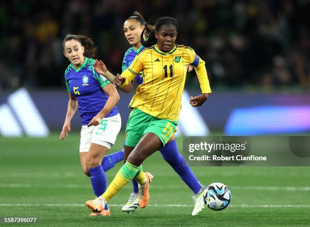 Khadija Shaw of Jamaica controls the ball during the FIFA Women's World Cup Australia & New Zealand 2023 Group F match between Jamaica and Brazil at...