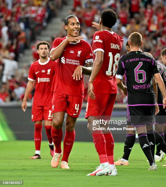 Virgil van Dijk captain of Liverpool celebrates after scoring the second goal during the pre-season friendly match between Liverpool and Bayern...