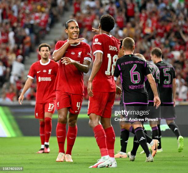Virgil van Dijk captain of Liverpool celebrates after scoring the second goal during the pre-season friendly match between Liverpool and Bayern...