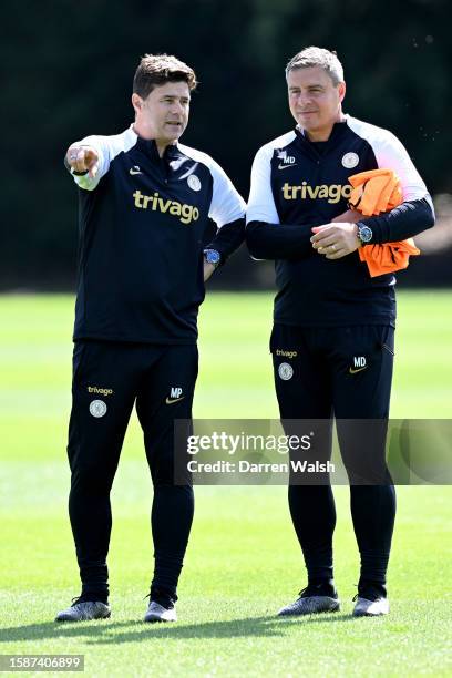 Head Coach Mauricio Pochettino and Assistant 1st Team Coach Miguel D'Agostino of Chelsea during a training session at Chelsea Training Ground on...