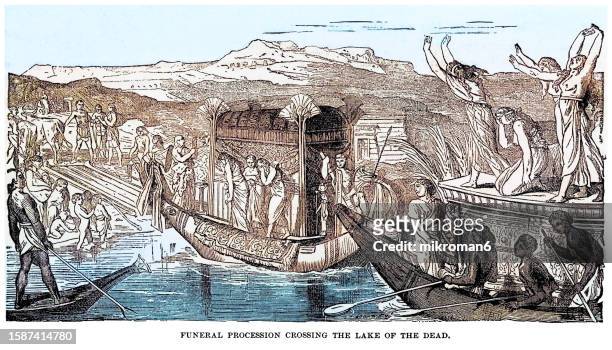 old engraved illustration of funeral procession crossing the lake of the dead (mummy of the dead was placed in a barge to be taken across the lake of the dead) - bad politician stock pictures, royalty-free photos & images