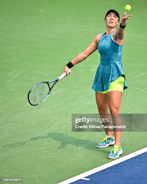 Jessica Pegula of the United States of America serves against Yulia Putintseva of Kazakhstan on Day 3 during the National Bank Open at Stade IGA on...