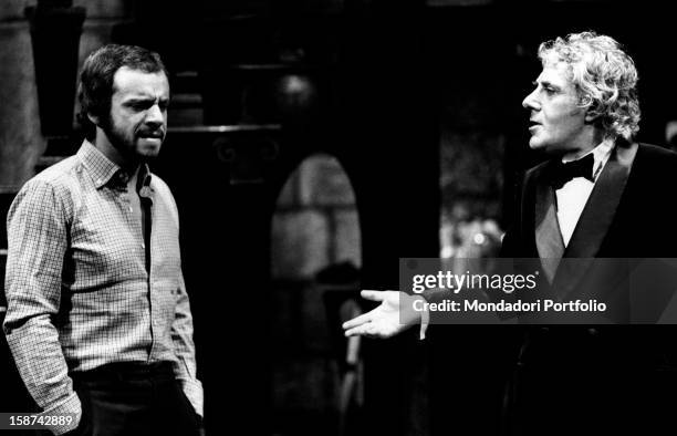 Italian singer, actor and showman Johnny Dorelli and Italian actor Gianrico Tedeschi talking during the rehearsals of the comedy Sleuth. Padua, 1971