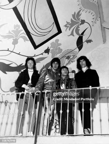 The Italian band Equipe 84 posing at the parapet. Italy, 1968