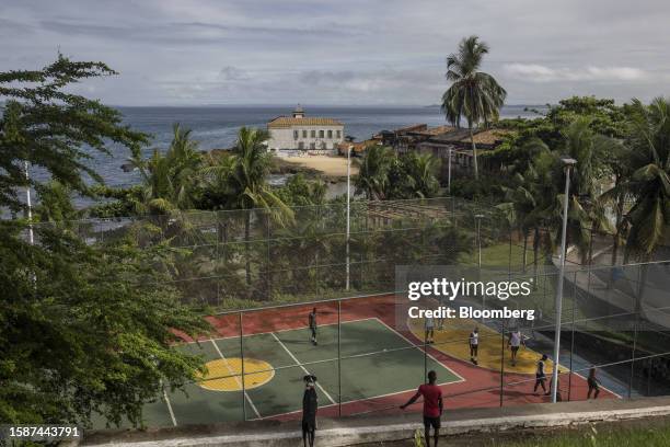 Residents play soccer in Salvador, Bahia state, Brazil, on Thursday, June 15, 2023. Brazilian President Luiz Inacio Lula da Silva, seeking an...