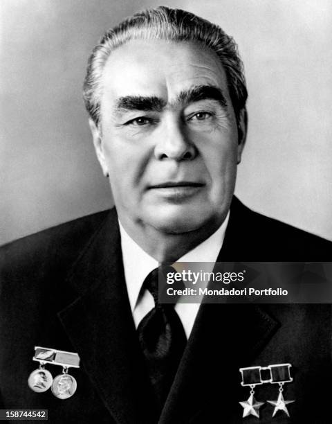 Official portrait of General Secretary of the Central Committee of the Communist Party of the Soviet Union, Leonid Ilyich Brezhnev, wearing his most...