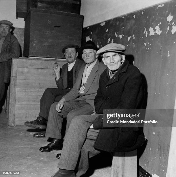 Istrian refugees sitting on a bench. Trieste, 1956