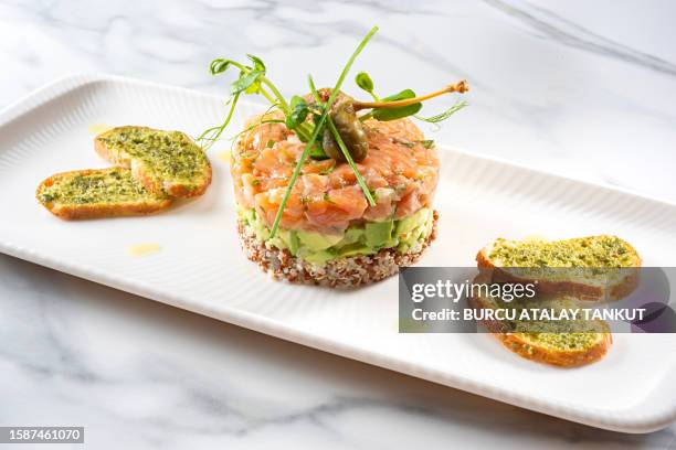 salmon avocado tartare - biff tartar bildbanksfoton och bilder