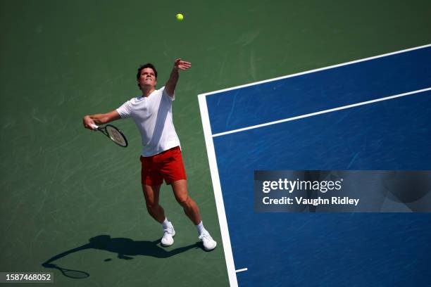 Milos Raonic of Canada serves against Taro Daniel of Japan during Day Three of the National Bank Open, part of the Hologic ATP Tour, at Sobeys...