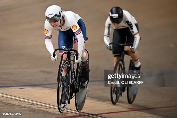 Great Britain's Emma Finucane beats Germany's Lea Sophie Friedrich in the women's Elite Sprint final race at the Sir Chris Hoy Velodrome during the...