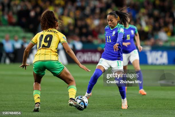 Adriana of Brazil competes for the ball with Tiernny Wiltshire of Jamaica during the FIFA Women's World Cup Australia & New Zealand 2023 Group F...