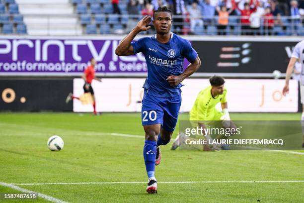 Gent's Nigerian forward Gift Emmanuel Orban celebrates after scoring during the UEFA Europa Conference League third qualifying round 1st leg football...