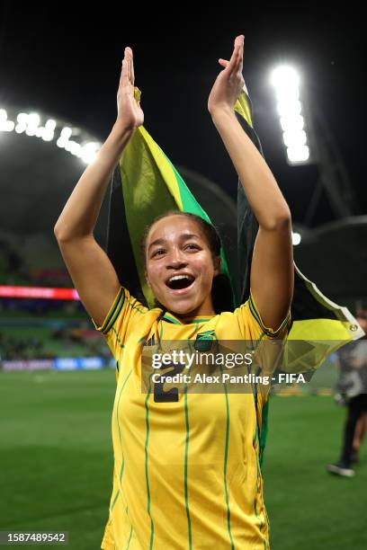 Solai Washington of Jamaica celebrates with a flag as the team advances to the round of sixteen after the FIFAWomen's World Cup Australia & New...